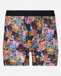 A pair of men's boxer briefs featuring a dense, colorful graphic print of various cartoon animals, circus elements, and American flag motifs, with a solid black elastic waistband.