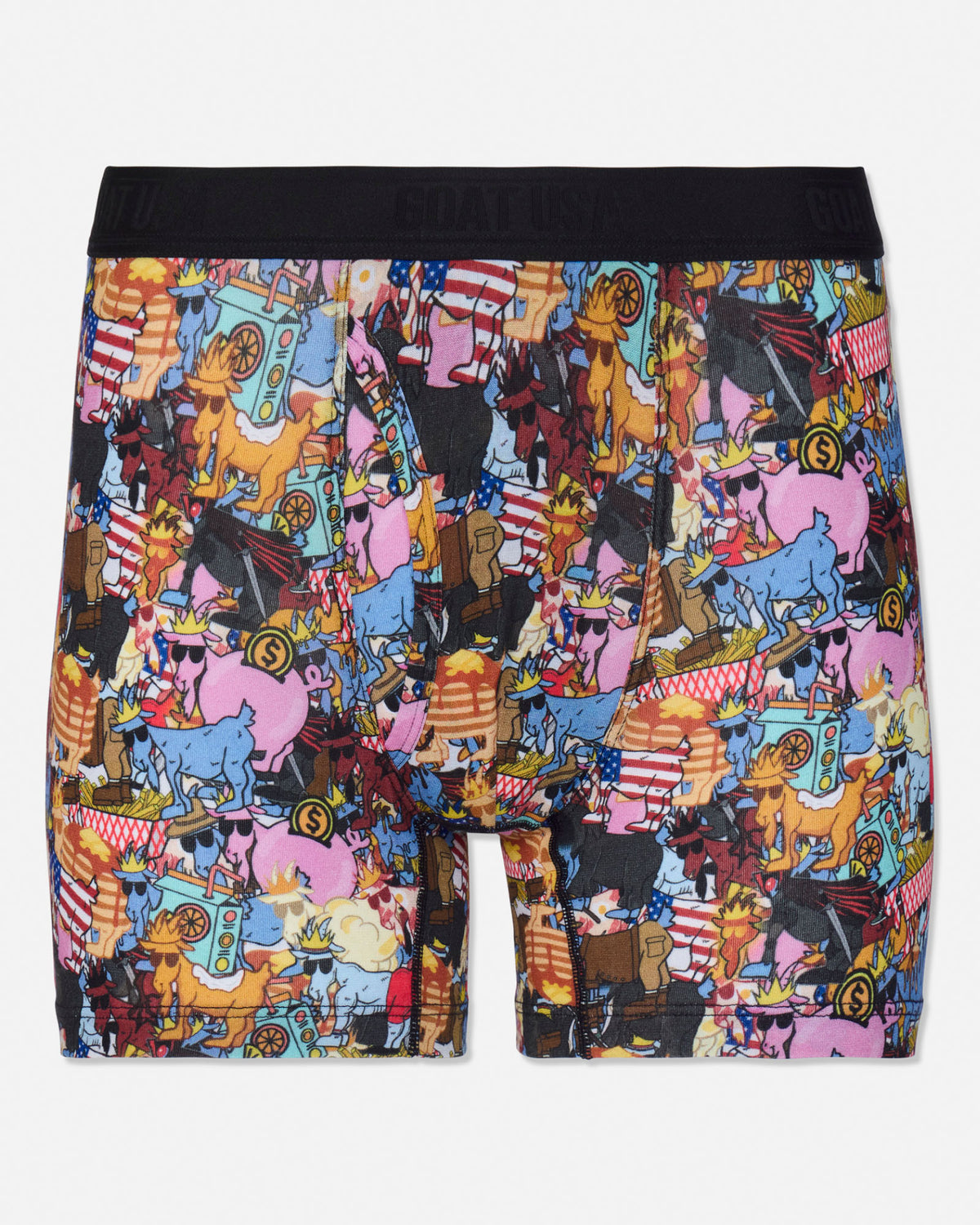 A pair of men's boxer briefs featuring a dense, colorful graphic print of various cartoon animals, circus elements, and American flag motifs, with a solid black elastic waistband.