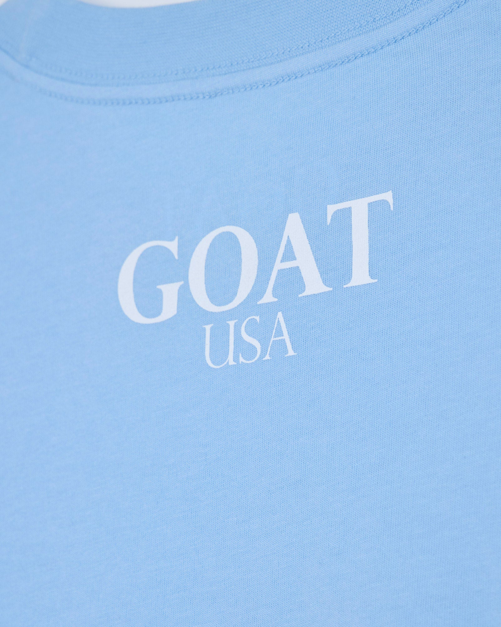 Close up of back of carolina blue oversized crop top with 'GOAT USA' text#color_carolina-blue