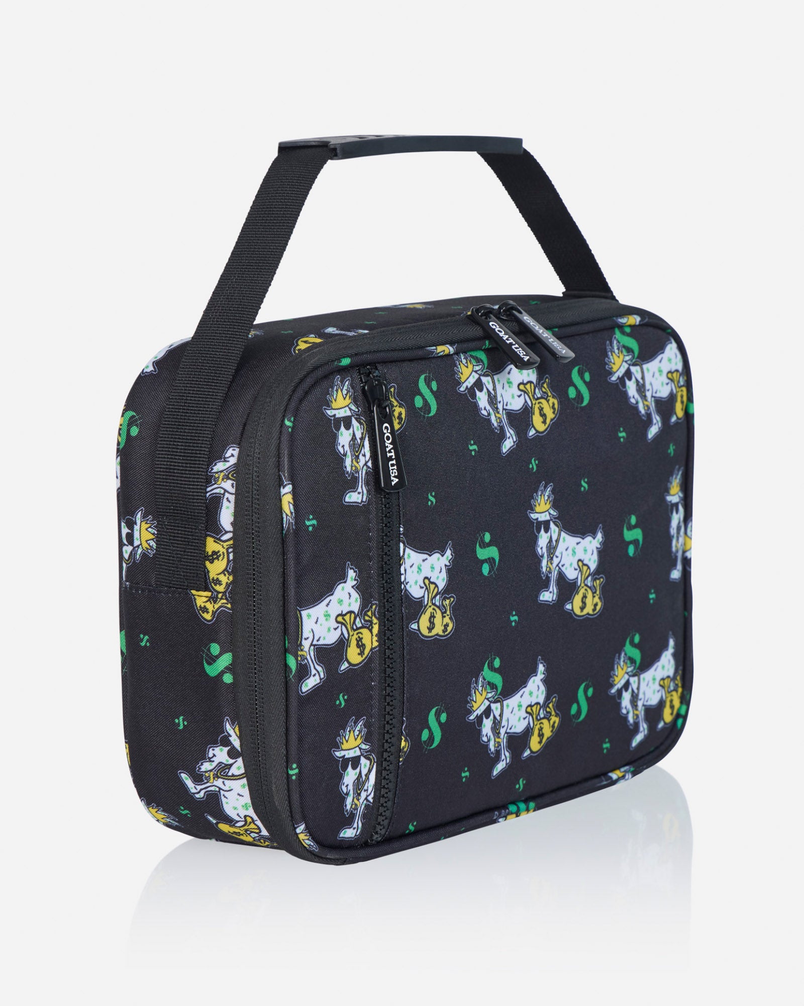 Angled view of black lunchbox with money goat design