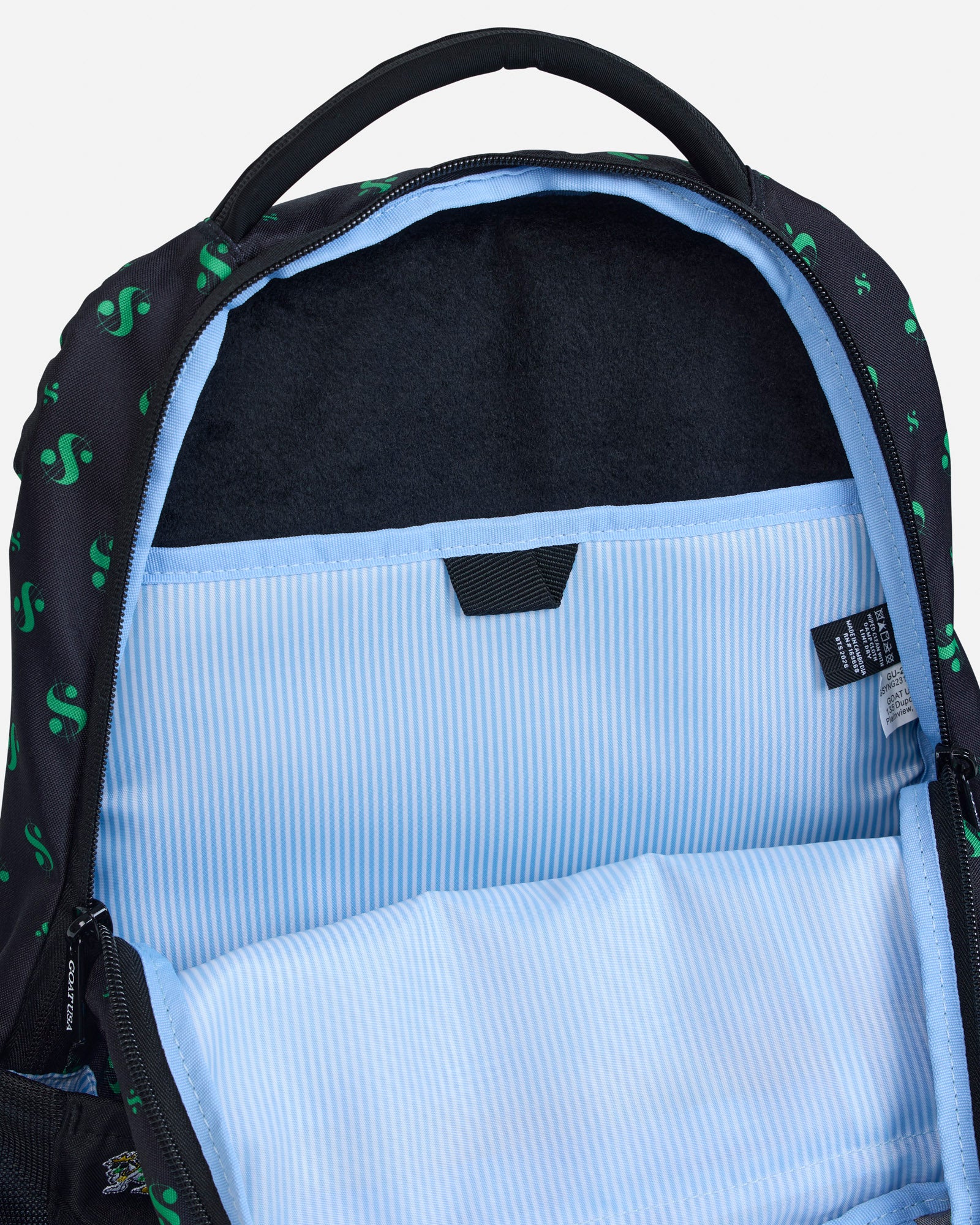 Black backpack with dollar sign pattern and open main compartment
