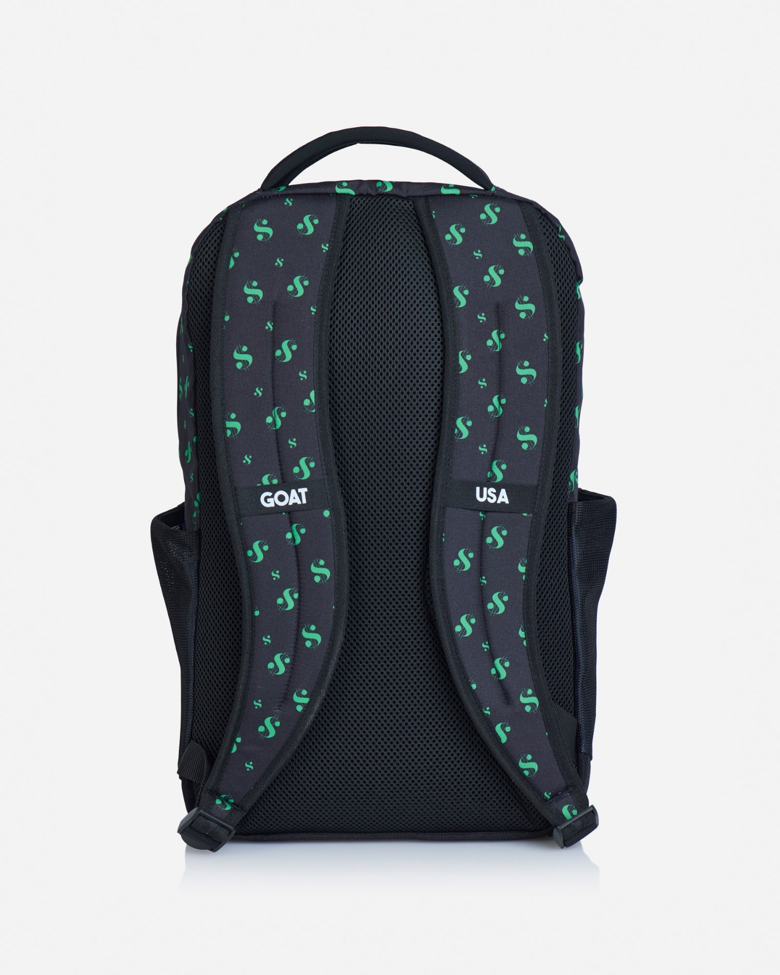 Back of black backpack with dollar sign pattern