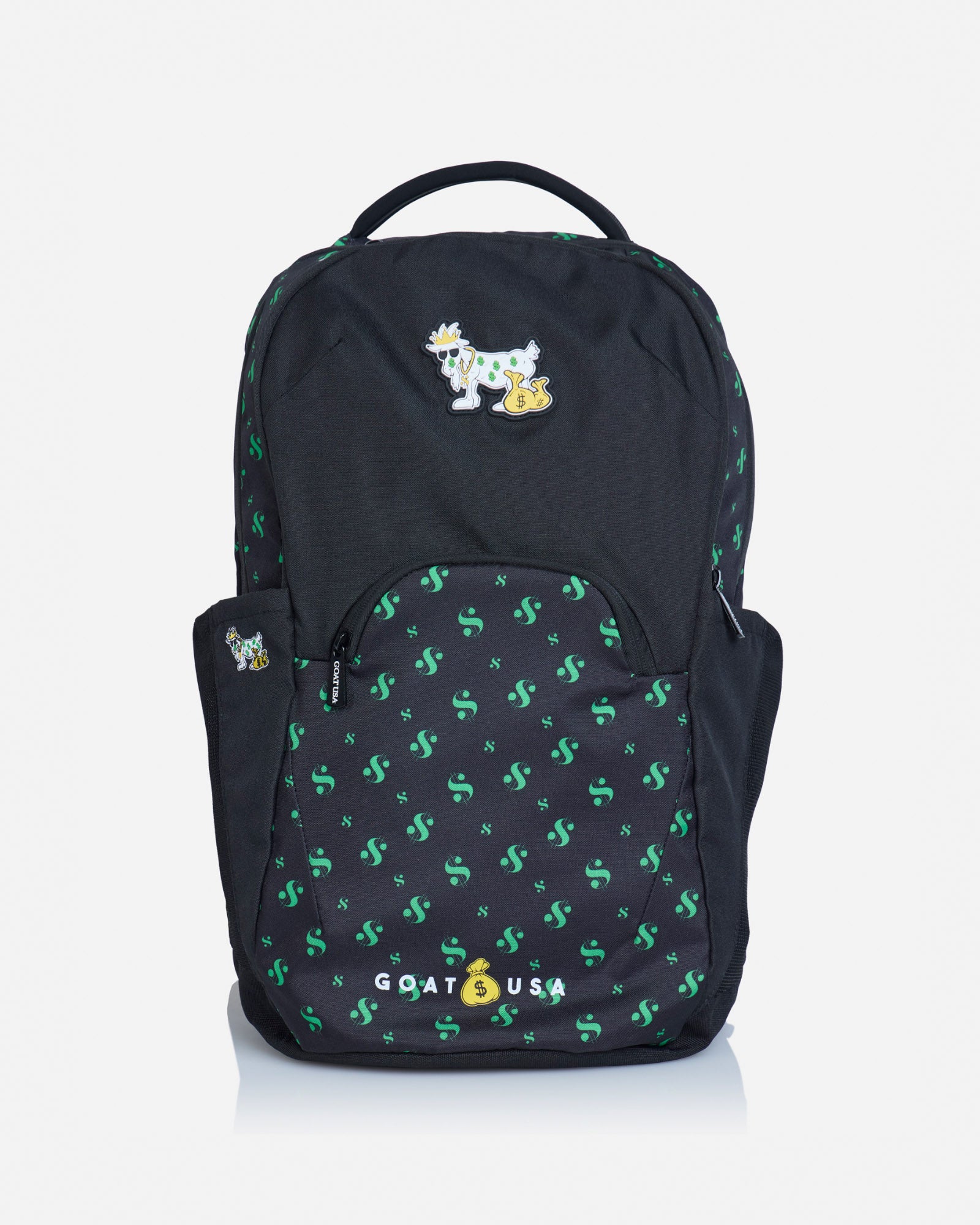 Front of black backpack featuring a goat with money bags and a dollar sign design