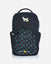 Front of black backpack featuring a goat with money bags and a dollar sign design