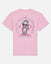 A light pink short-sleeve t-shirt shown from the back, featuring a large graphic print of a cartoon goat wearing sunglasses and a hat, surrounded by the text 'BREAST CANCER AWARENESS' and 'GOAT USA' with pink ribbons.