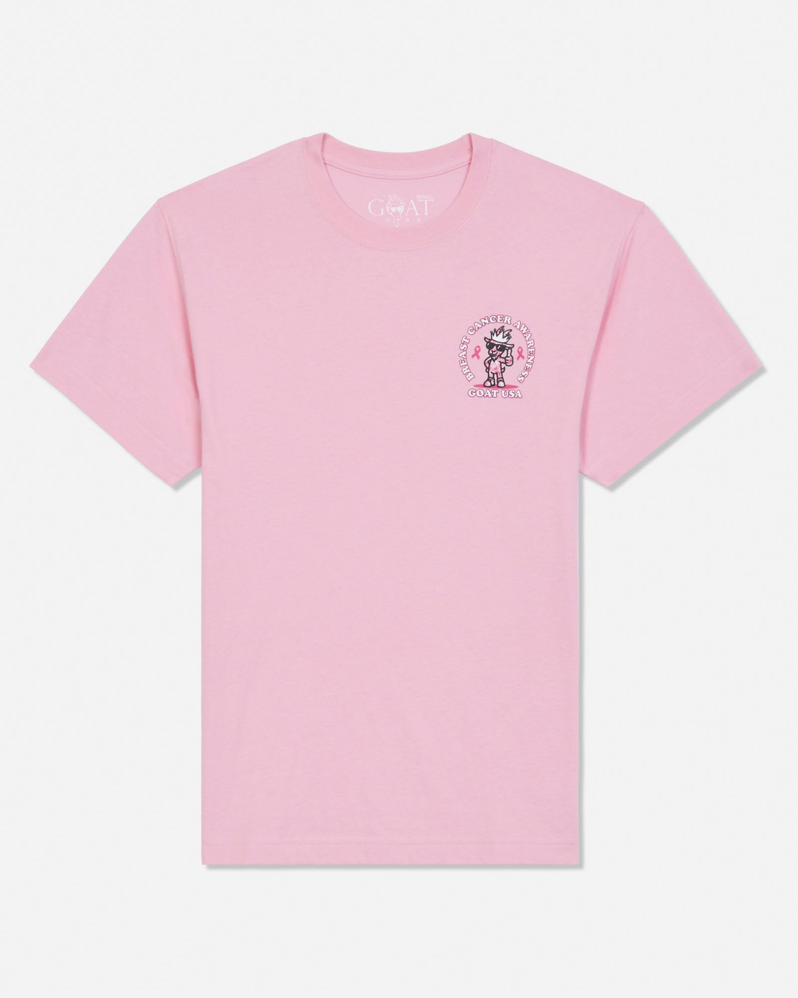 A light pink short-sleeve crewneck t-shirt with a small circular graphic on the left chest, displayed flat against a clean white background.