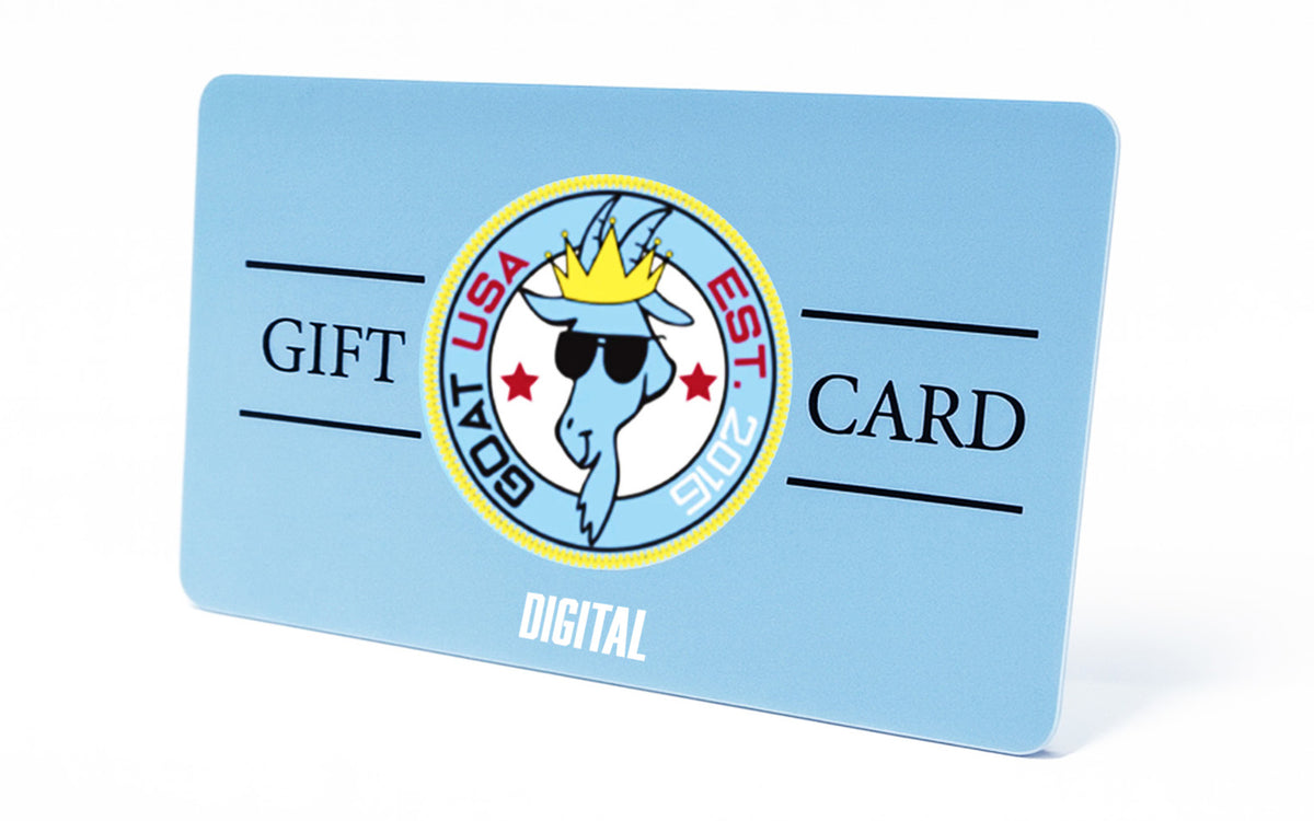 Gift card with a blue background and a logo featuring a cartoon character on a white background