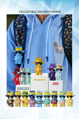 Collection of collectible squishy figures displayed in front of a person wearing a blue hoodie.