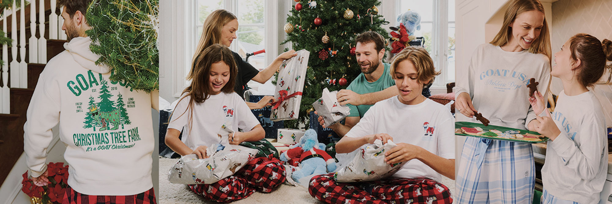 Collage of people wearing Christmas-themed t-shirts with a decorated tree and gift-wrapping activities.