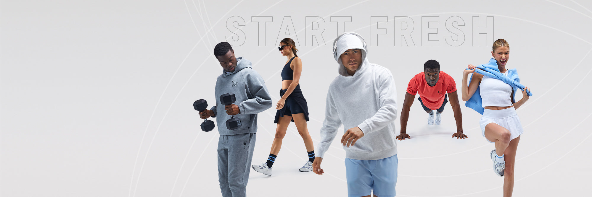 Five people in casual clothing with text 'Start Fresh' on a light gray background