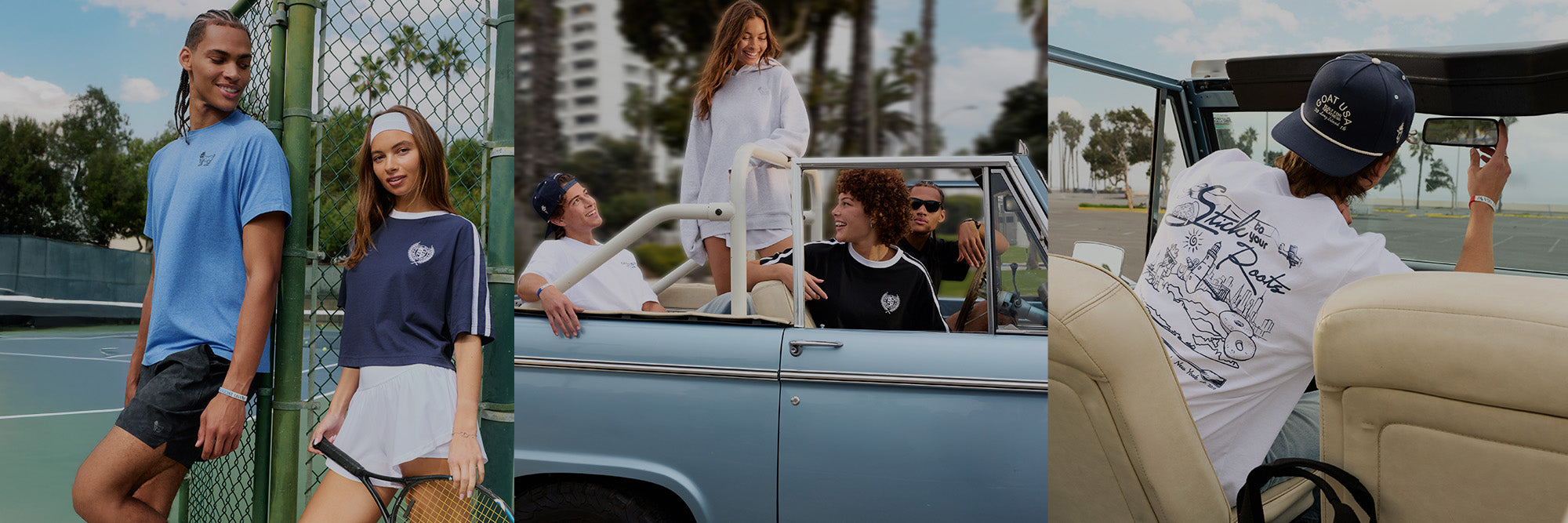 Collage of people in various settings including a tennis court, car, and outdoor scene.