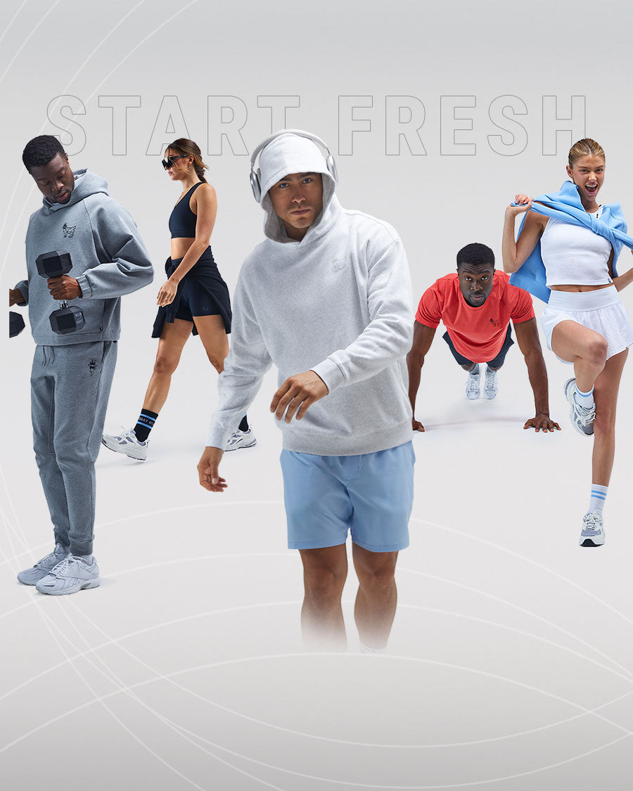 Group of people exercising with text 'Start Fresh' on a light gray background