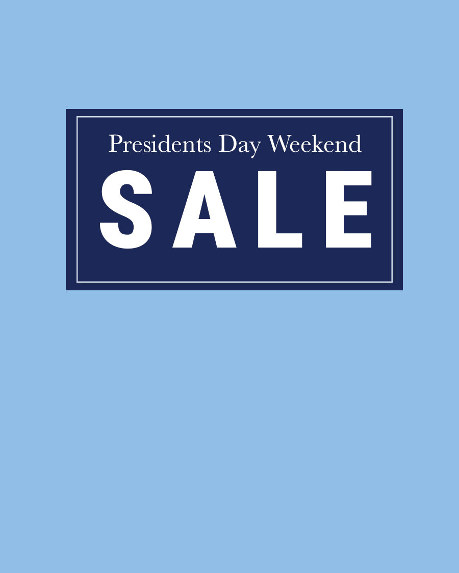 Promotional graphic for Presidents Day Weekend Sale on a blue background