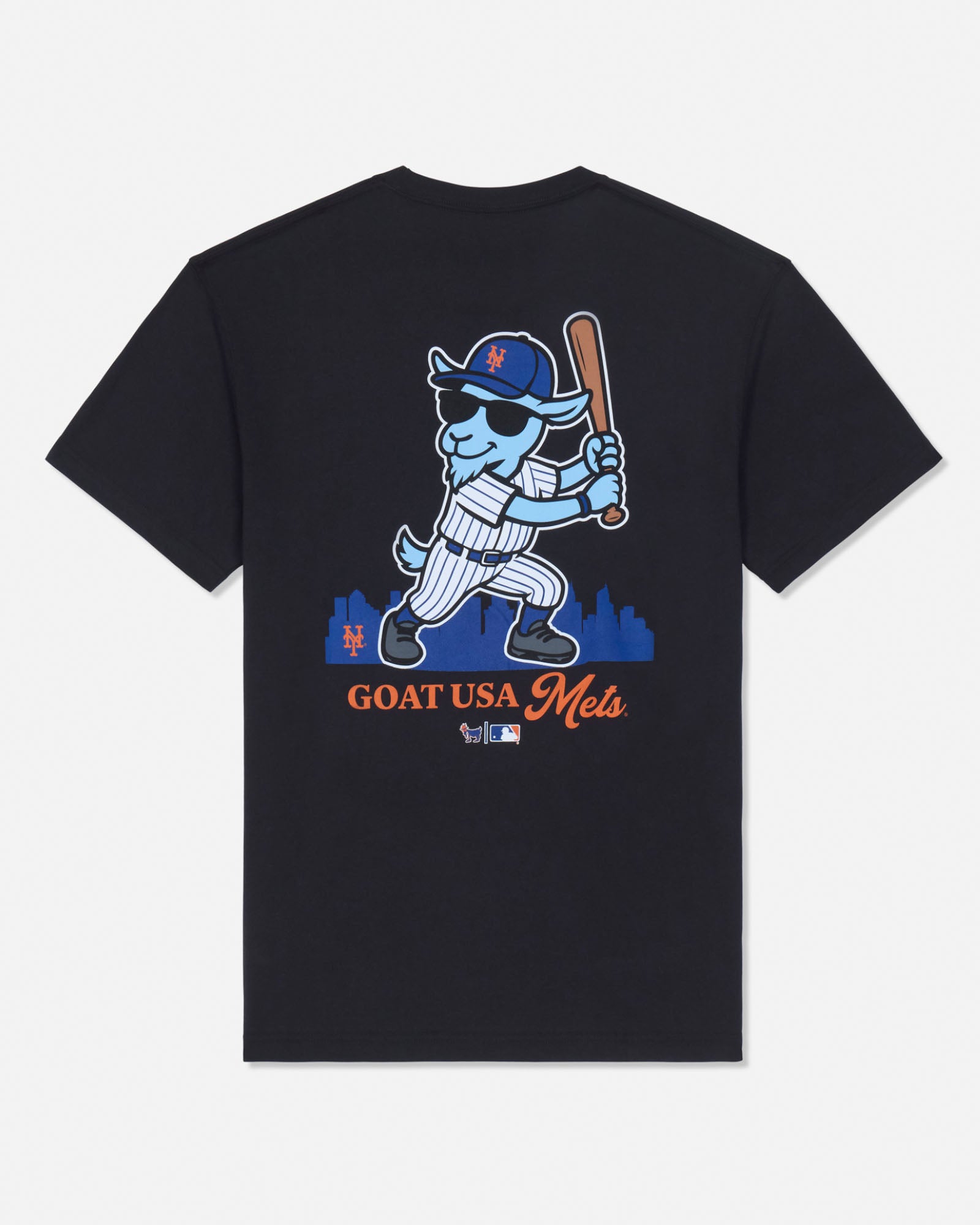 A black short-sleeve t-shirt with a large graphic on the back featuring a cartoon goat mascot in a New York Mets uniform holding a bat, with 'GOAT USA Mets' text below.
