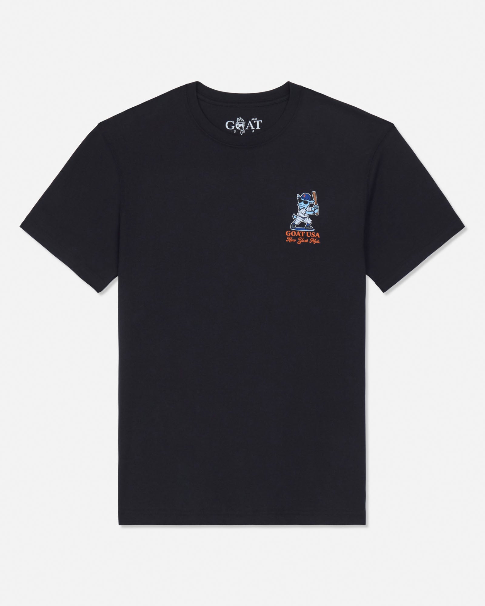 A black short-sleeve t-shirt by GOAT USA, featuring a small graphic on the left chest with a blue goat and orange text, displayed on a clean white background.