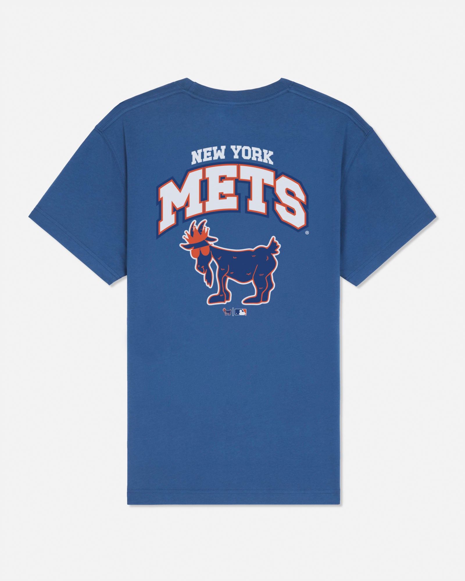 A blue short-sleeve t-shirt with the back graphic featuring the text 'NEW YORK METS' in white and orange, above the New York Mets goat logo, shown on a light gray background.#color_moonlite-ocean