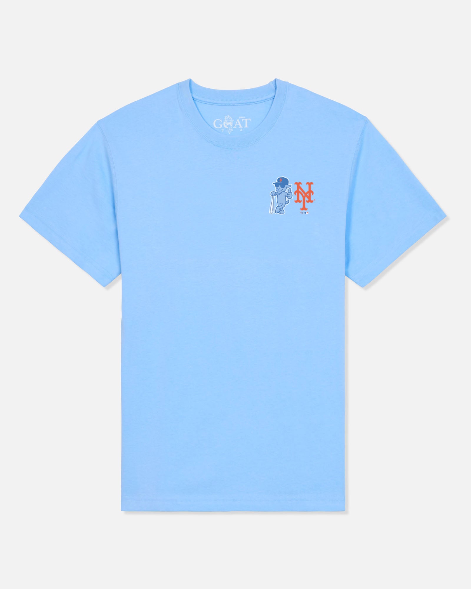 A light blue short-sleeve t-shirt with a small graphic on the left chest featuring a blue character and an orange-red 'NY' logo. The inside collar shows the brand name 'GOAT USA'.