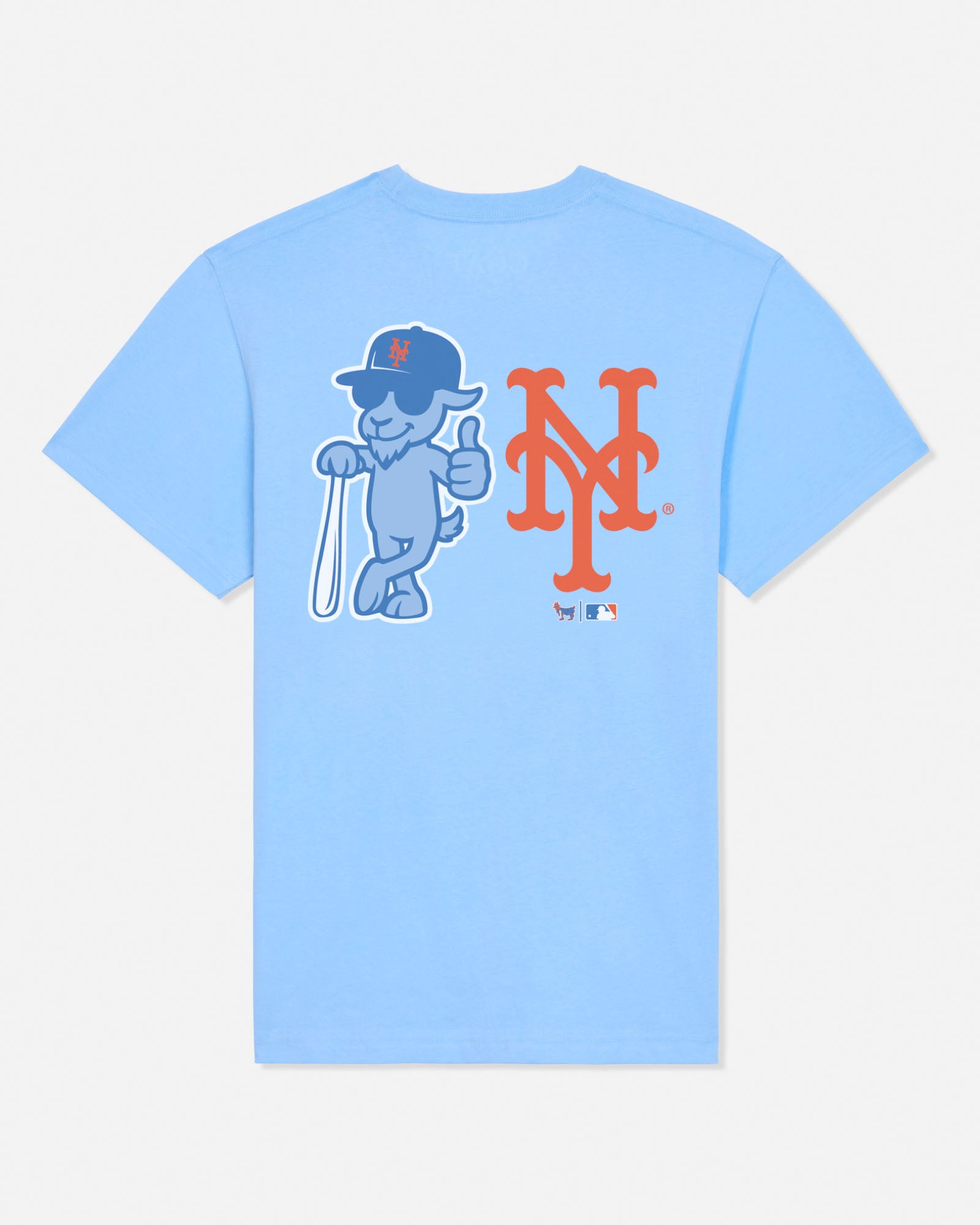 Light blue tee with blue cartoon goat leaning on a baseball bat and the New York Mets logo