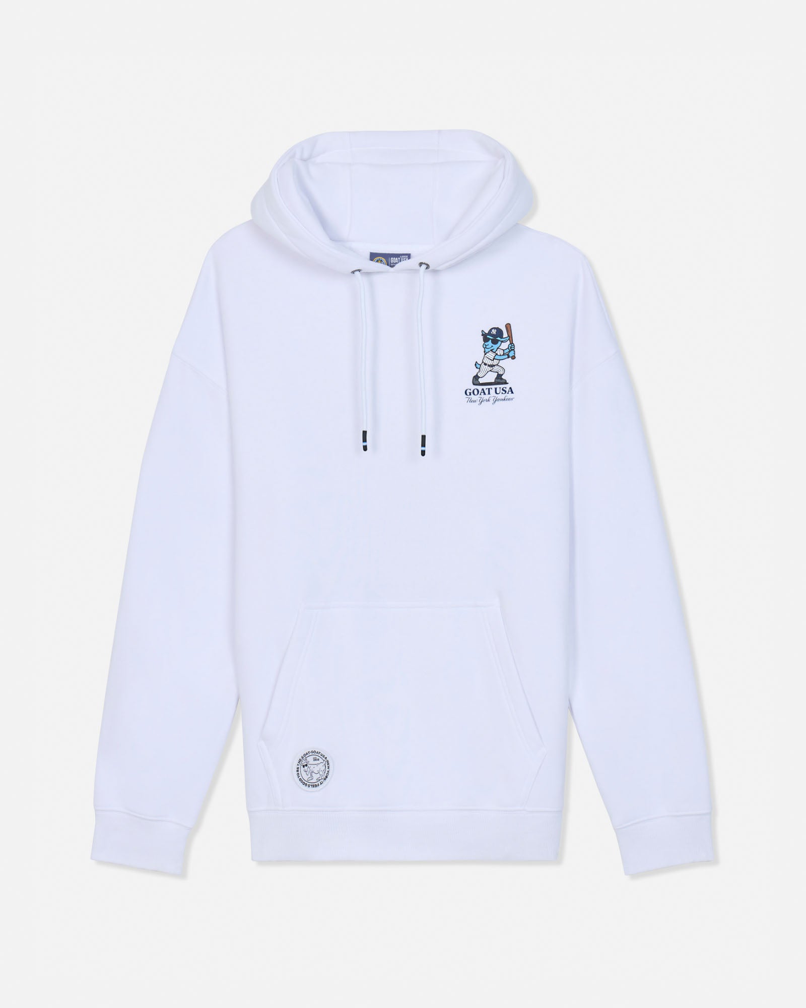 White hoodie with blue baseball player goat mascot in white pinstripe uniform left chest design