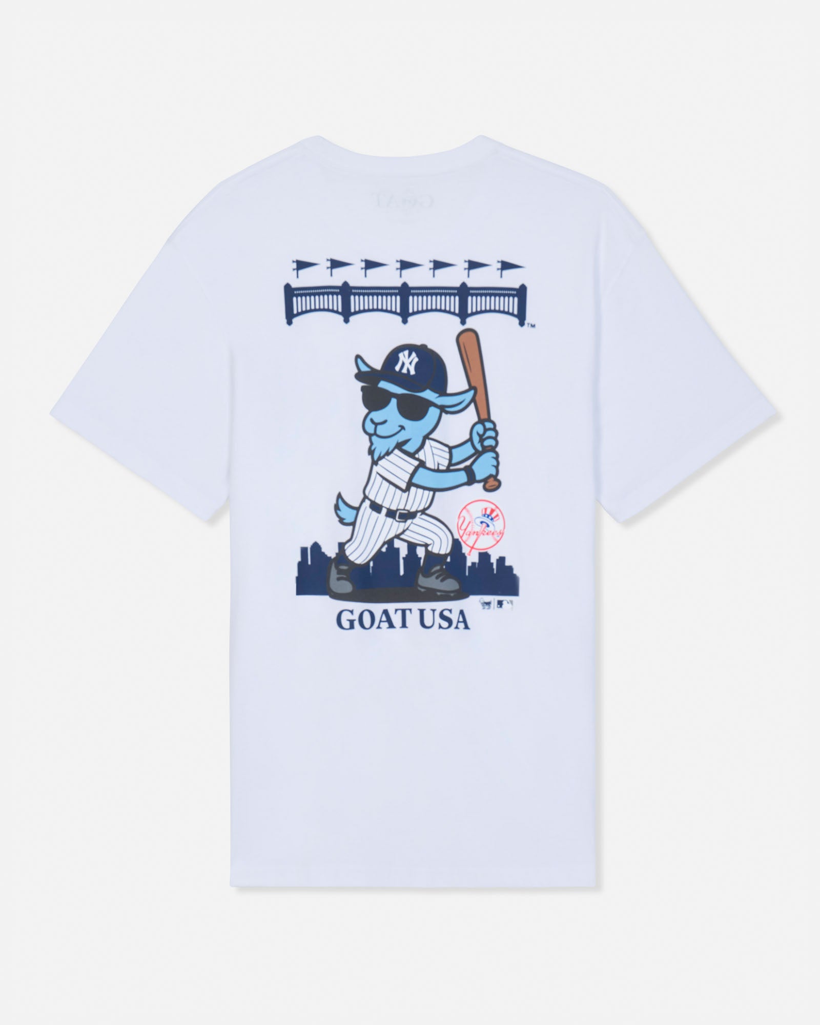 A white short-sleeve t-shirt with a large graphic print on the front featuring a cartoon goat in a baseball uniform holding a bat, with 'GOAT USA' text below.#color_white