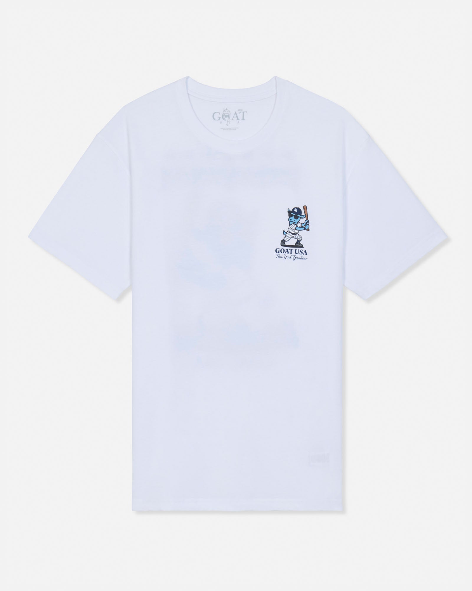 A white short-sleeve t-shirt with a small graphic on the left chest featuring a blue and white cartoon character and the text 'GOAT USA NEW YORK YANKEES'. The brand name 'GOAT USA' is visible printed inside the collar.#color_white