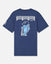 A navy blue short-sleeve t-shirt shown from the back, featuring a large graphic of a light blue cartoon goat wearing a New York Yankees cap and holding a bat, with a white bridge graphic above.