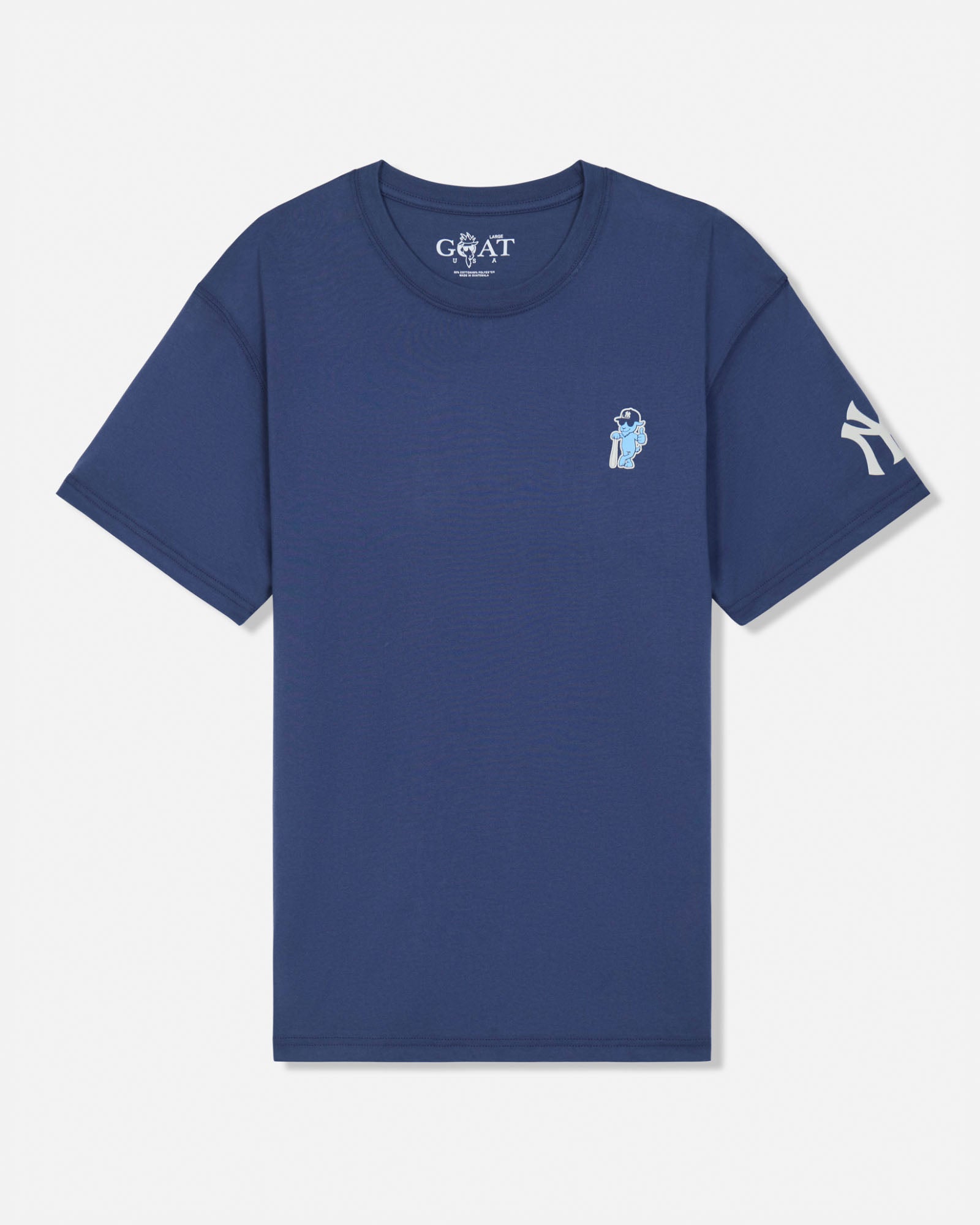 A navy blue short-sleeve t-shirt by Goat USA, featuring a small light blue graphic on the left chest and a white New York Yankees logo on the right sleeve, displayed against a clean off-white background.