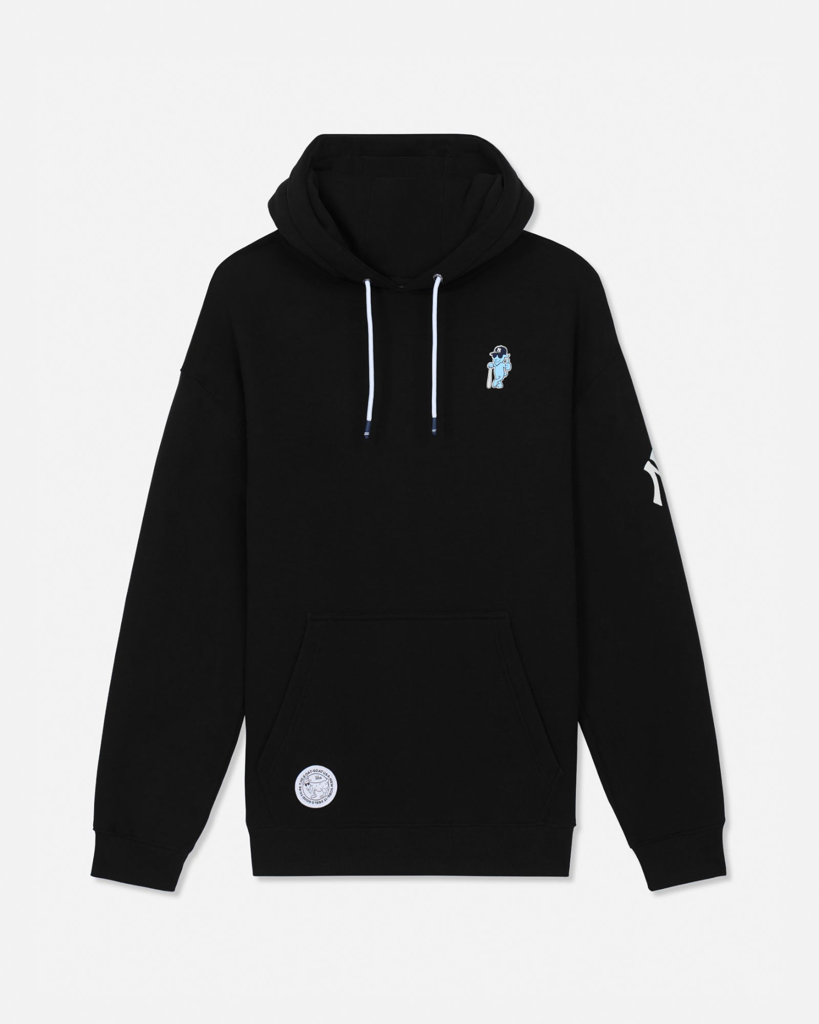 A black pullover hoodie with white drawstrings, featuring a small light blue graphic on the left chest and a white circular patch on the lower front pocket, displayed against a light gray background.