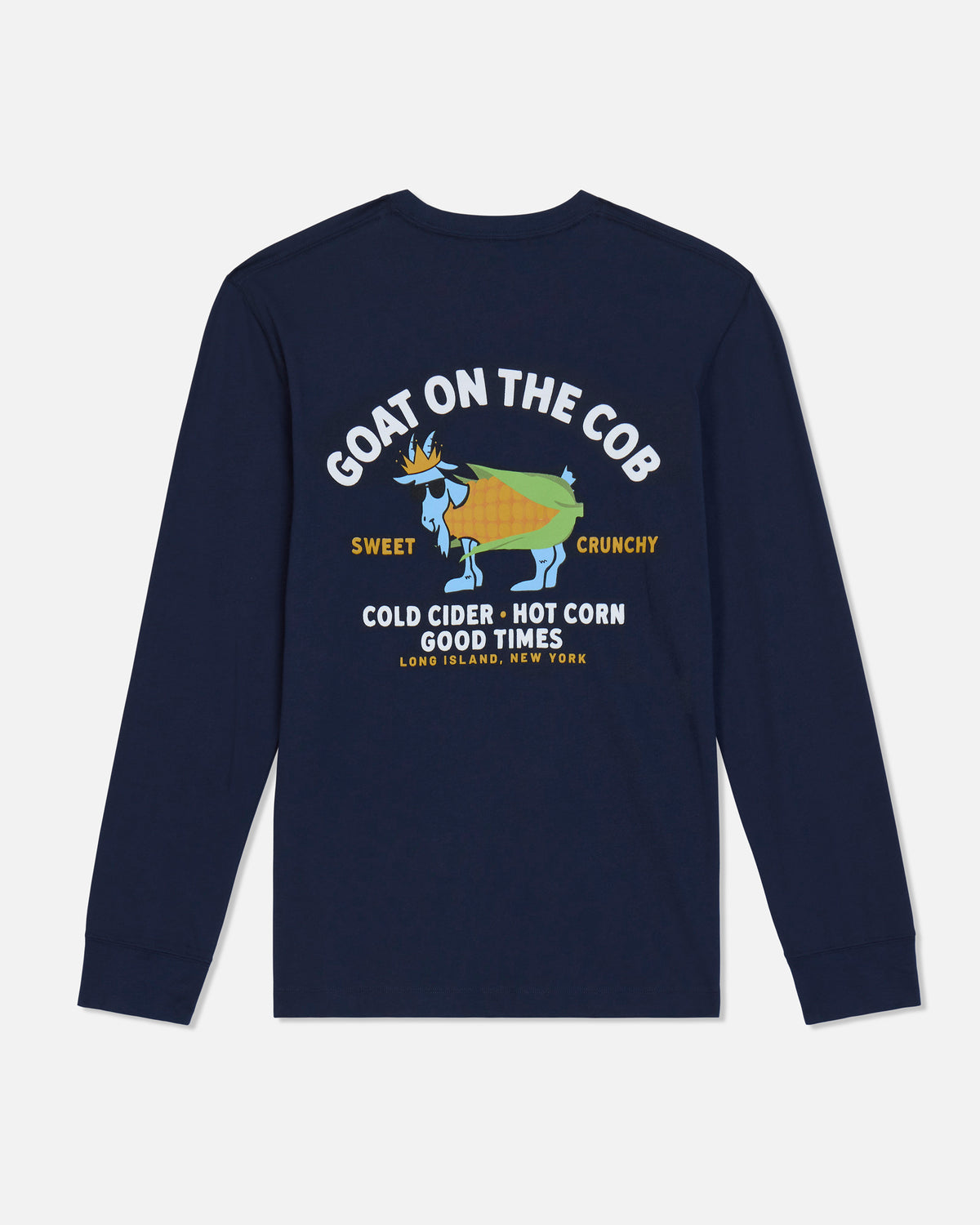 A navy blue long-sleeve crewneck sweatshirt with a colorful graphic on the front. The graphic features a cartoon goat wearing a green and yellow hat, with white text reading 'GOAT ON THE COB' above it and 'COLD CIDER - HOT CORN GOOD TIMES' below it.
