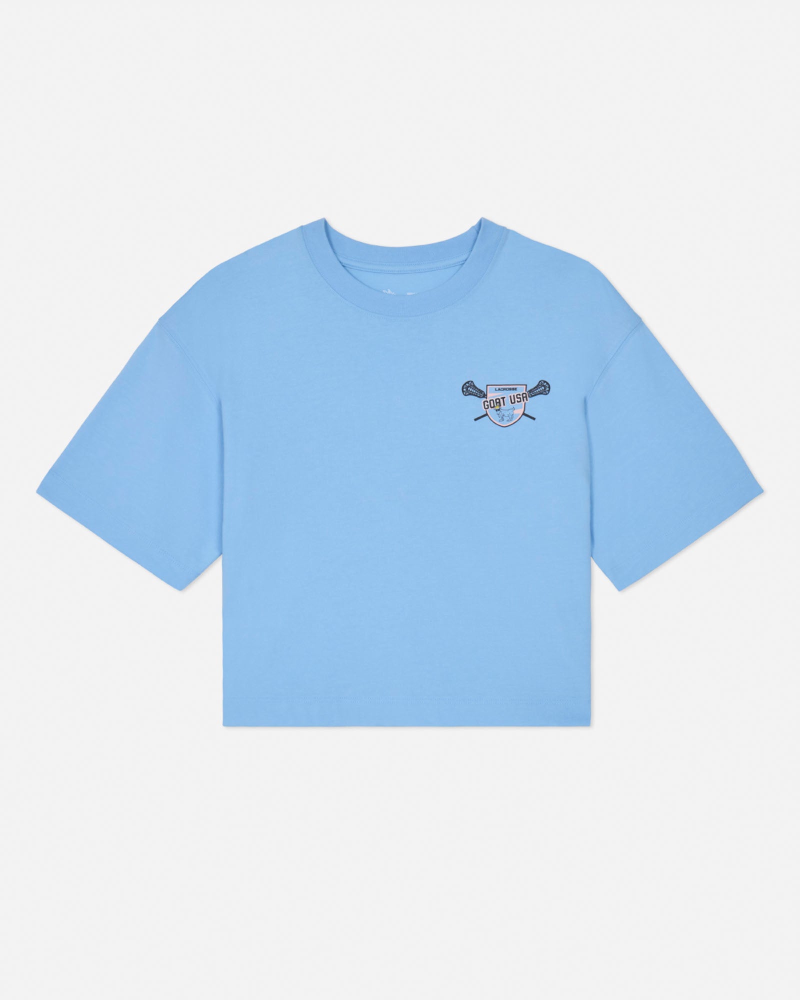 Front of blue crop top with lacrosse goat left-chest logo
