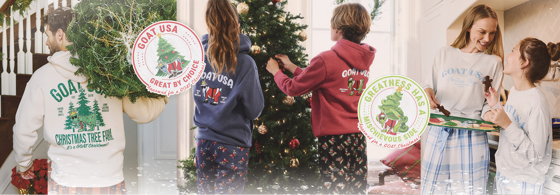 People wearing Christmas-themed sweatshirts with a brand logo in the background.