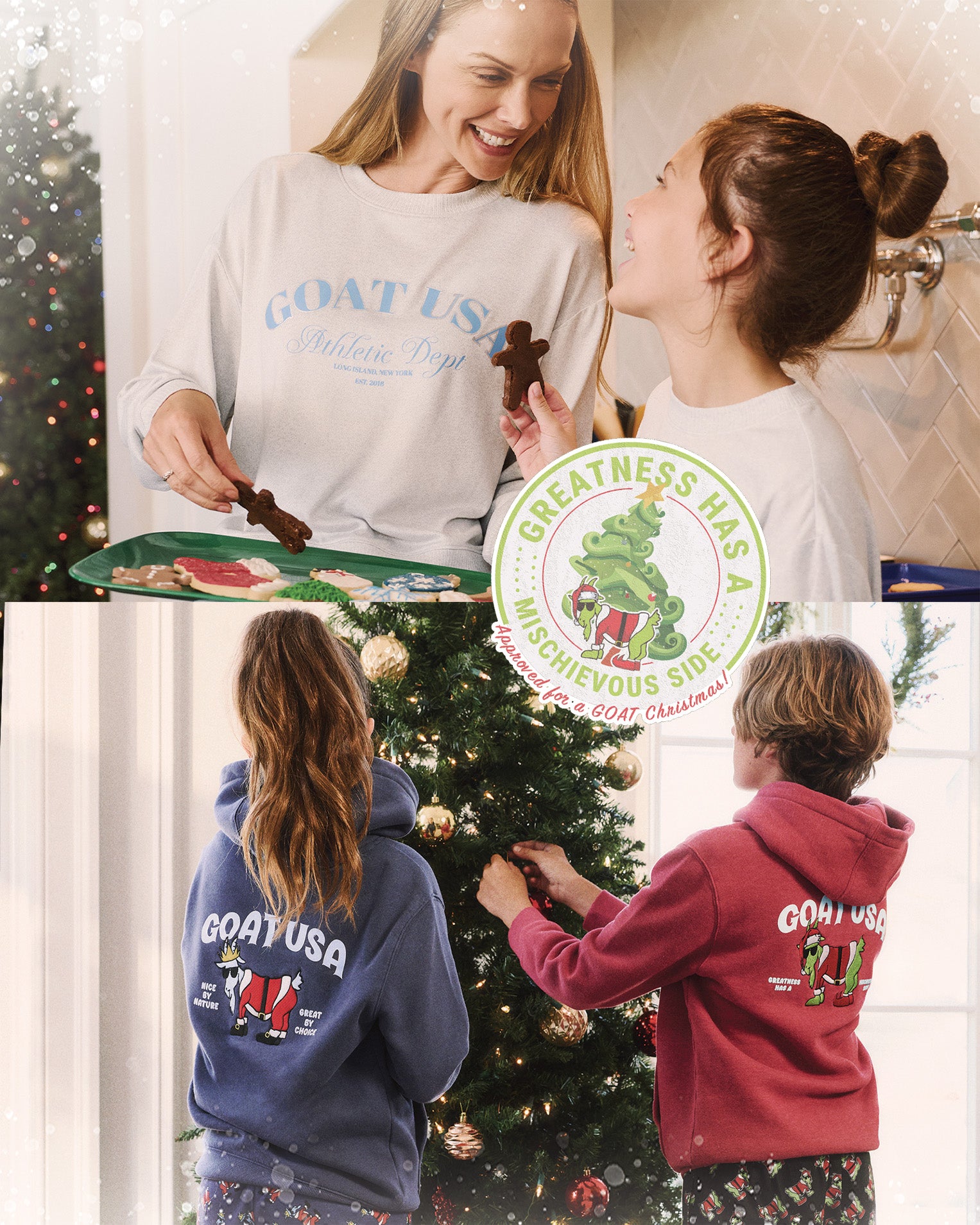 Two children in Christmas-themed hoodies decorating a Christmas tree with a woman in a white shirt.