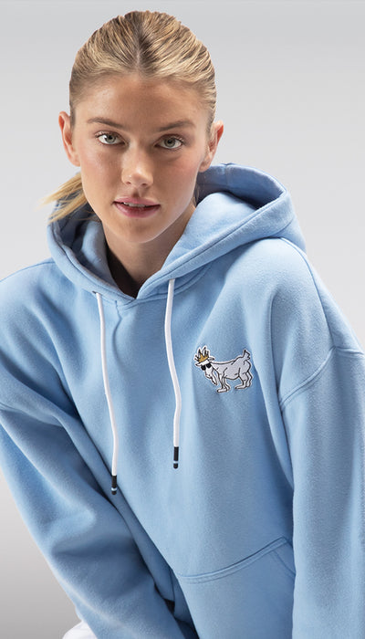 Person wearing a light blue hoodie with a small graphic on a plain background