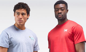 Two men wearing gray and red t-shirts with logos on a white background