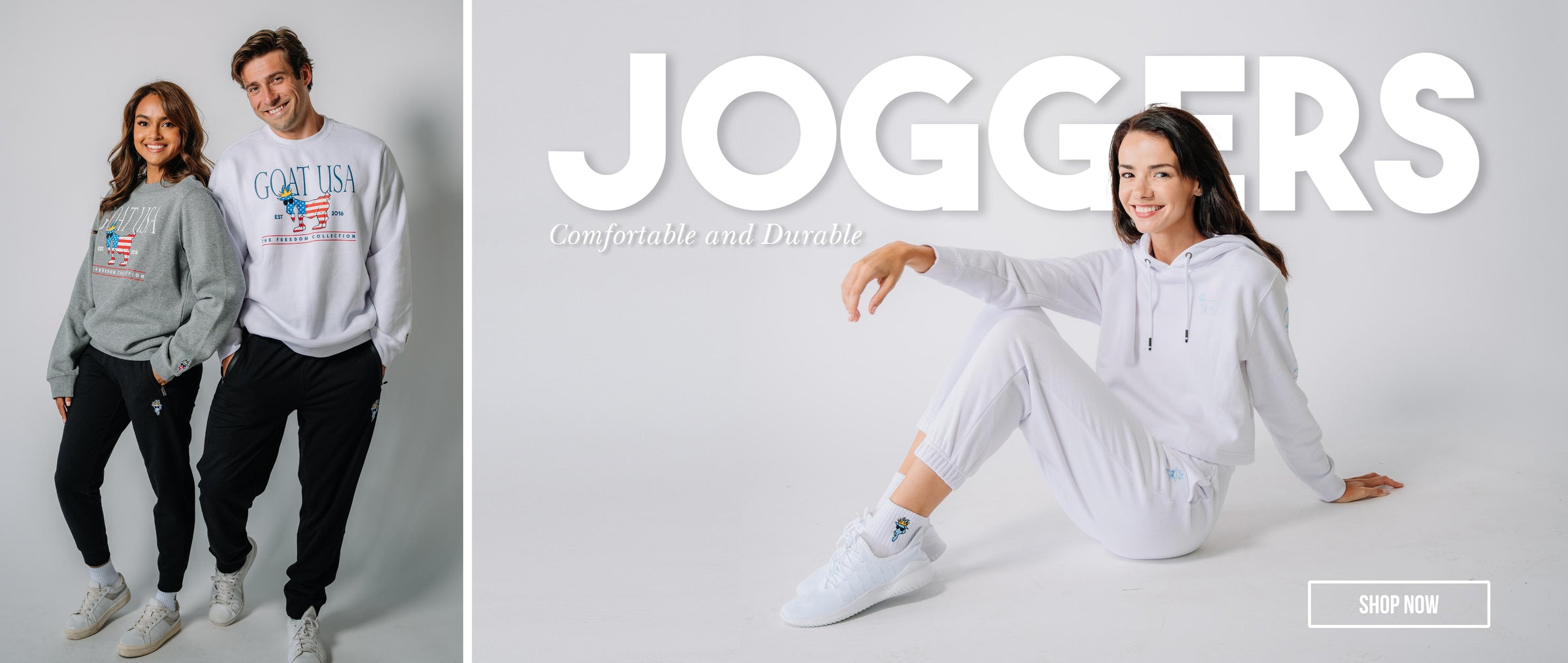 Split graphic with models wearing black and white joggers linked to Joggers collection
