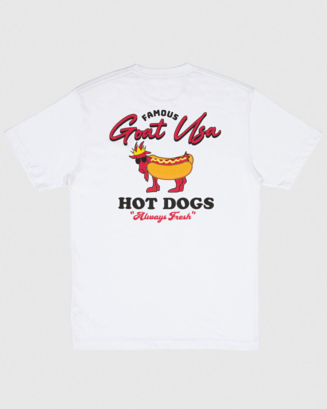 White t-shirt with hot dog goat design