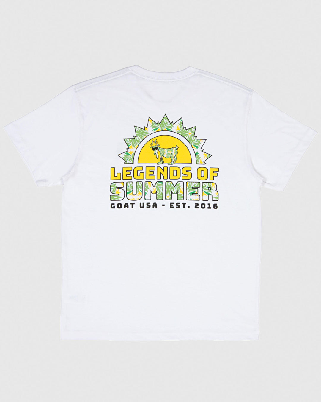 White t-shirt with sun design and yellow/green floral pattern