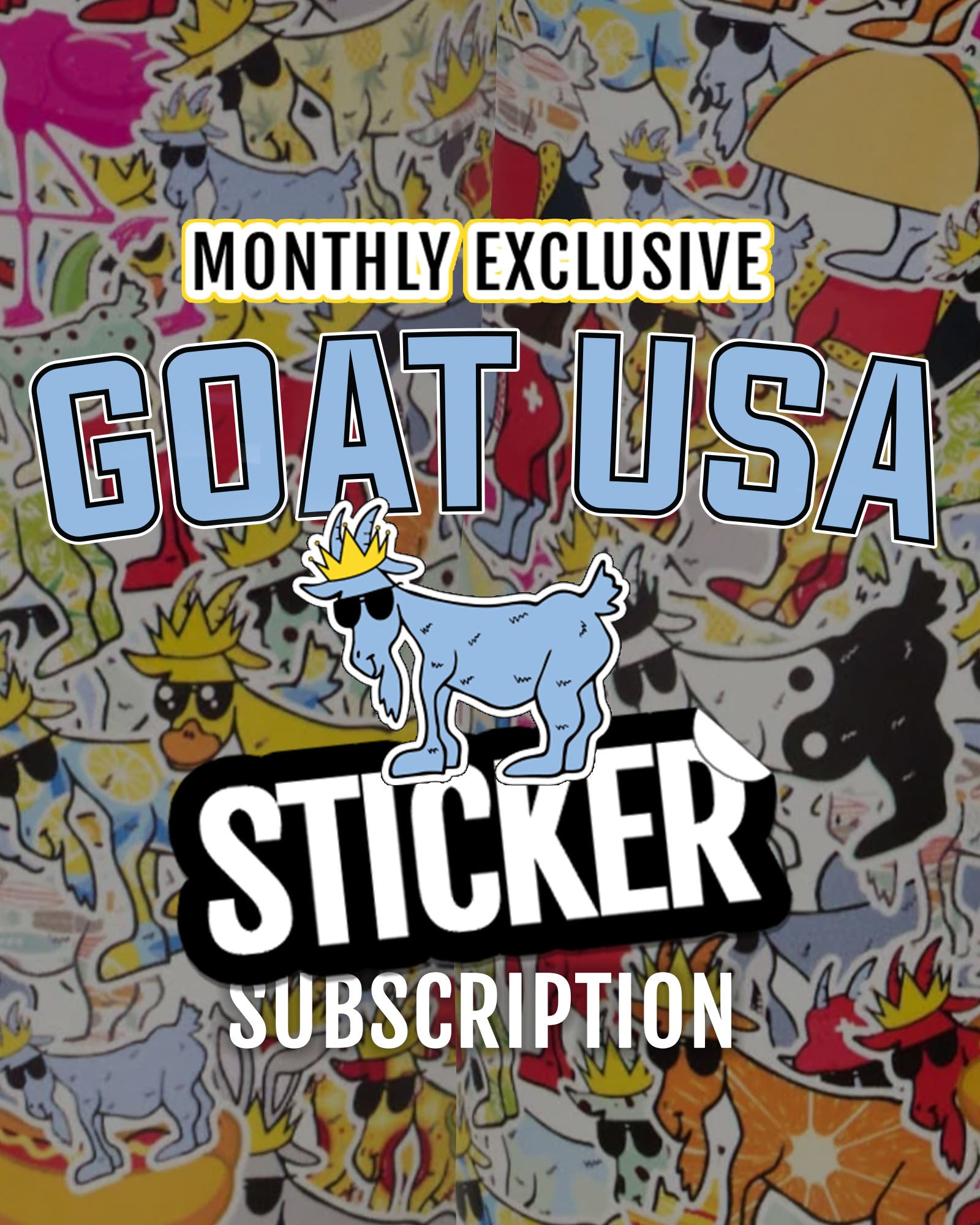 Promotional graphic for a 'GOAT USA' sticker subscription with colorful stickers in the background.
