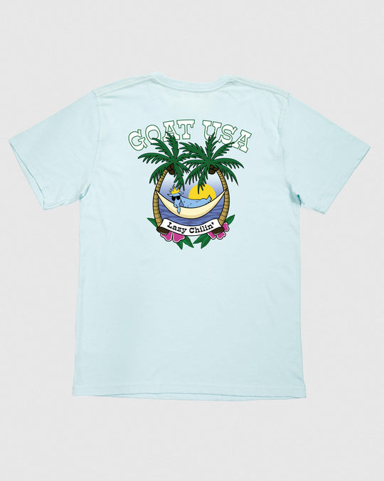Back of ice blue shirt with palm trees, hammock, and sunset that says "Lazy Chillin"#color_ice-blue