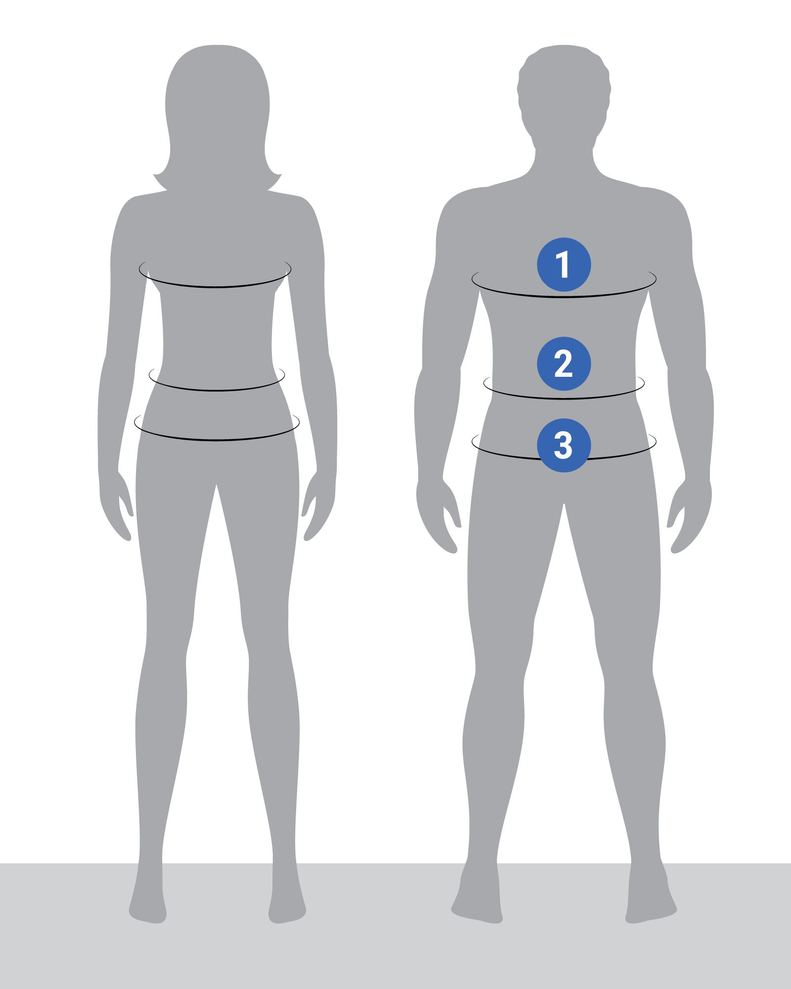 Gray silhouettes of a man and a woman with labeled body measurements on a white background.