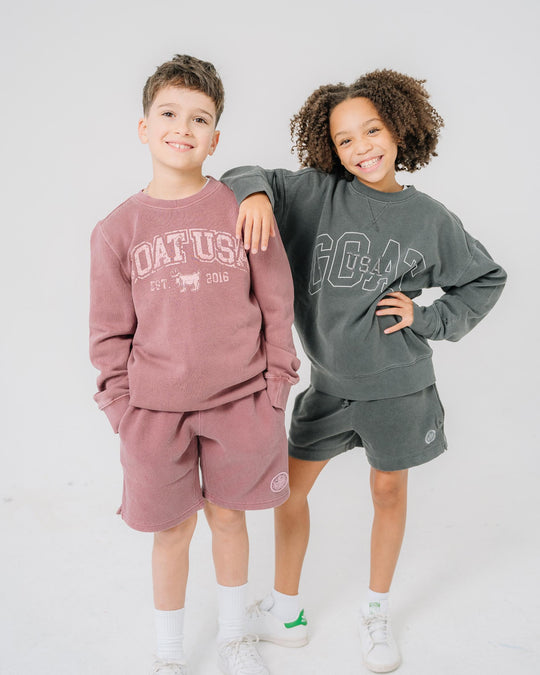 Boy and girl wearing crimson and pepper colored sweat sets#color_crimson