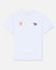 A white short-sleeve crewneck t-shirt featuring a small orange embroidered 'NY' logo on the left chest and a small embroidered goat motif on the right chest, displayed against a light off-white background.