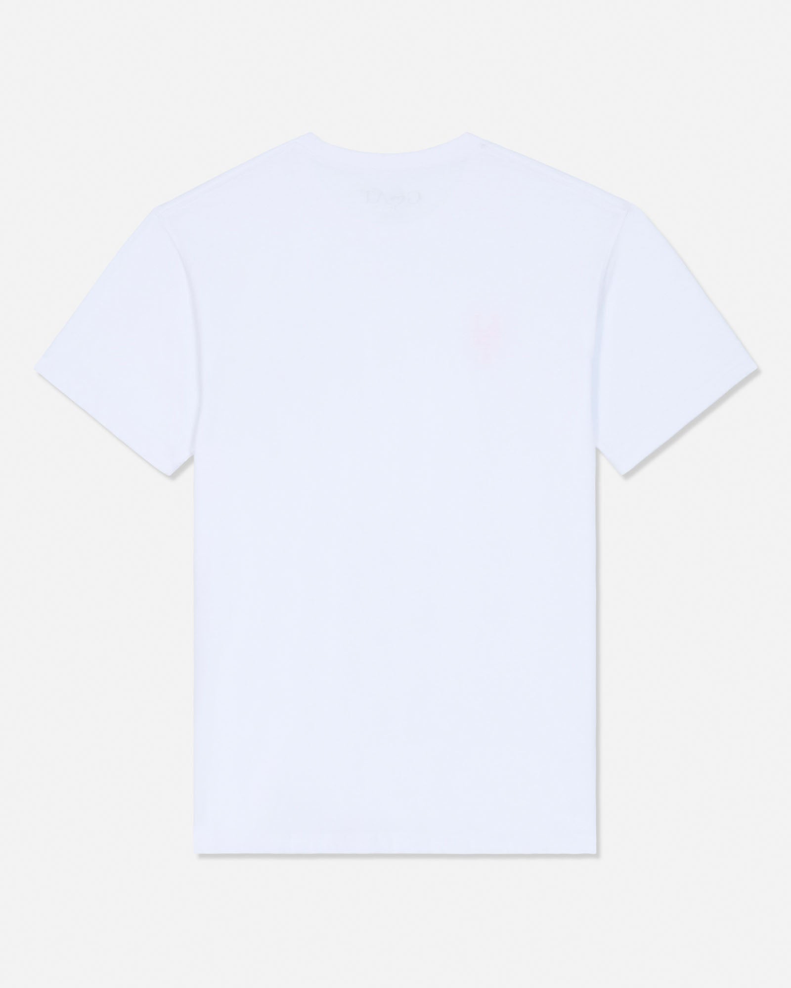 A plain white short-sleeve crewneck t-shirt shown from the back, laid flat against a light off-white background.