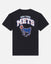 A black short-sleeve t-shirt with a large back graphic featuring the text 'NEW YORK METS' in white with a orange outline and a blue New York Mets goat logo below it, shown on a light gray background.