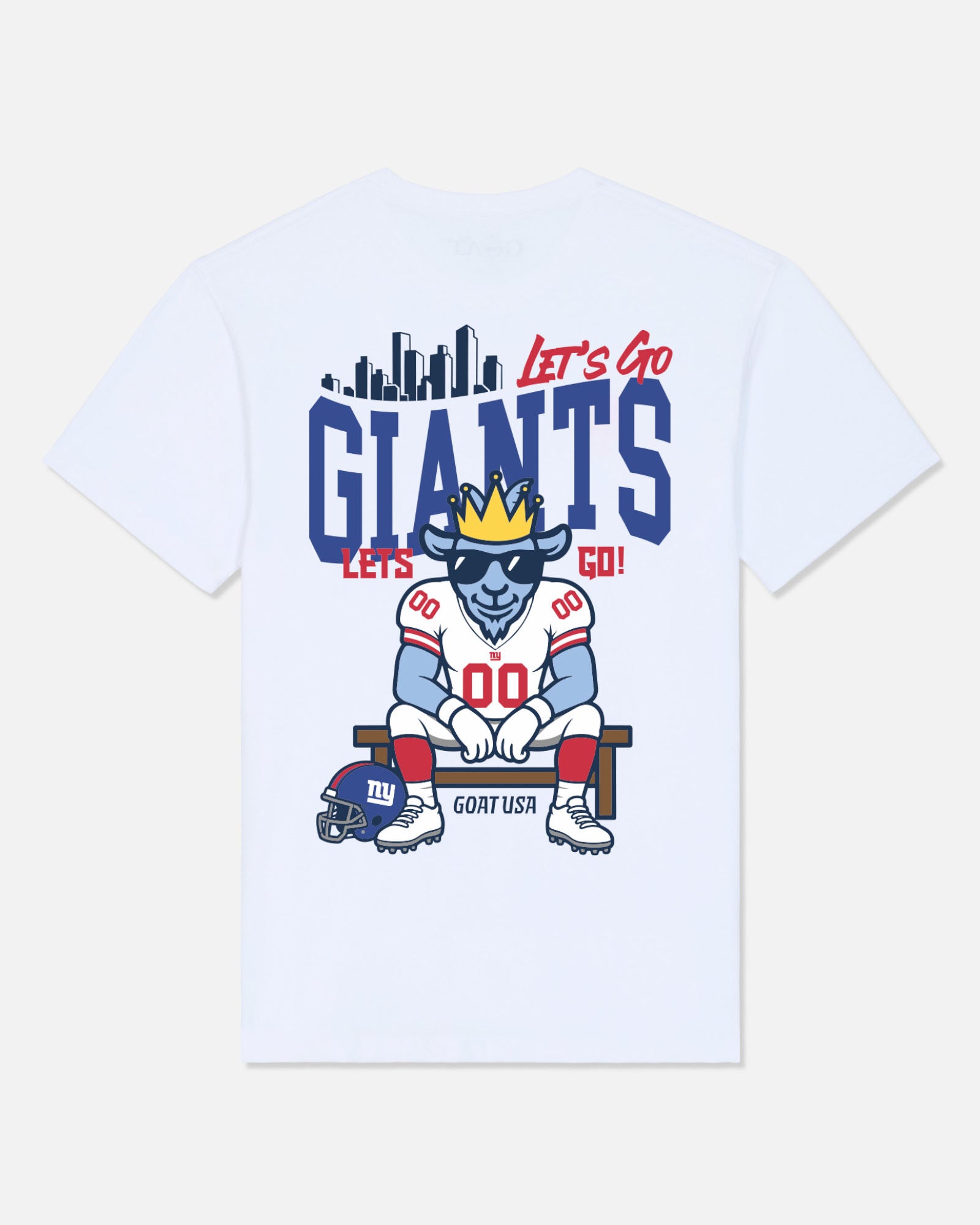 White short-sleeve crewneck t-shirt featuring a New York Giants themed graphic on the front. The graphic includes a blue goat mascot wearing a gold crown and sunglasses, seated on a bench with a football helmet, under the text 'Let's Go GIANTS' and 'LET'S GO!'.