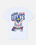White short-sleeve crewneck t-shirt featuring a New York Giants themed graphic on the front. The graphic includes a blue goat mascot wearing a gold crown and sunglasses, seated on a bench with a football helmet, under the text 'Let's Go GIANTS' and 'LET'S GO!'.
