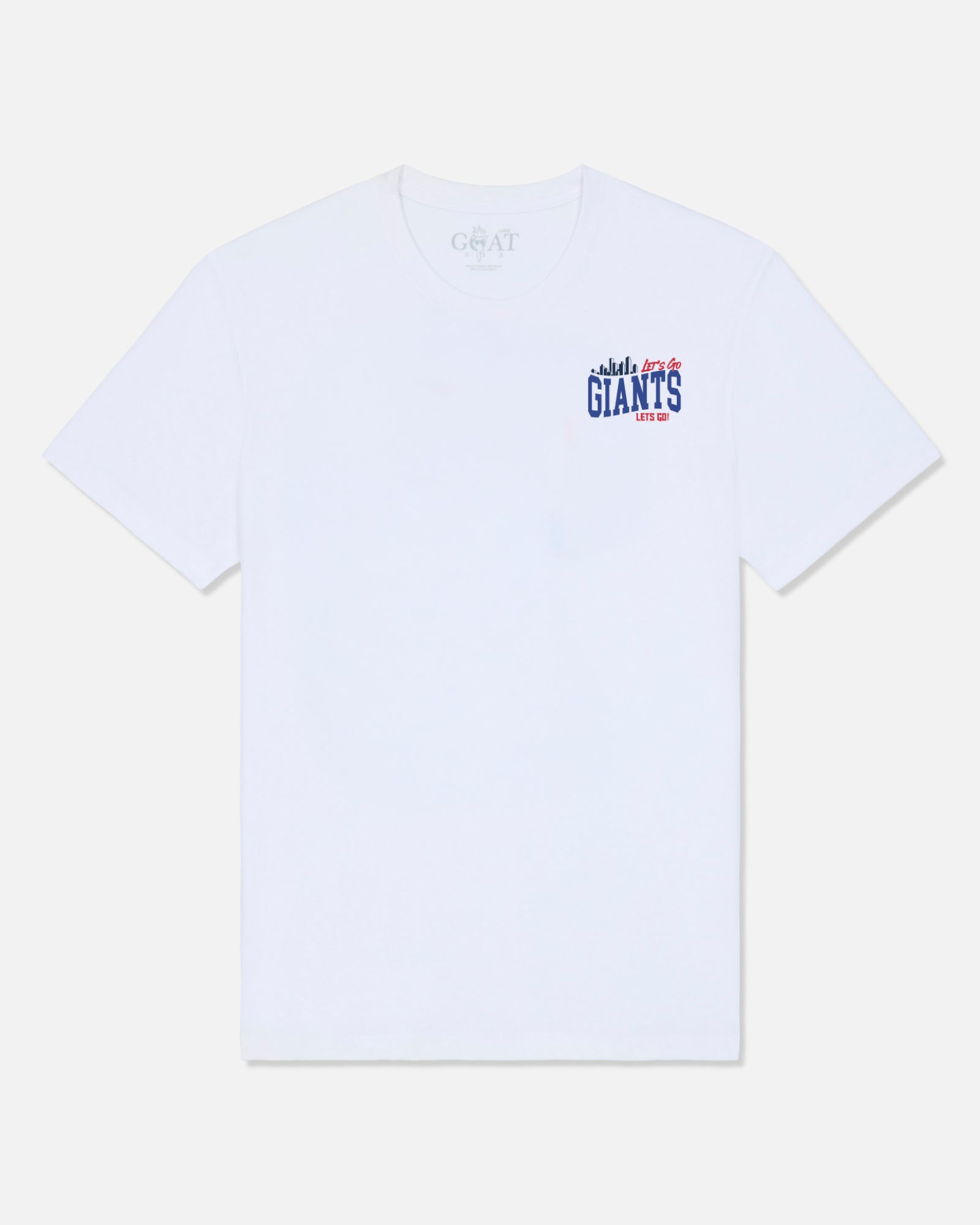 A white short-sleeve crewneck t-shirt by GOAT USA, featuring a small 'New York Giants' graphic printed on the left chest in blue, red, and white.