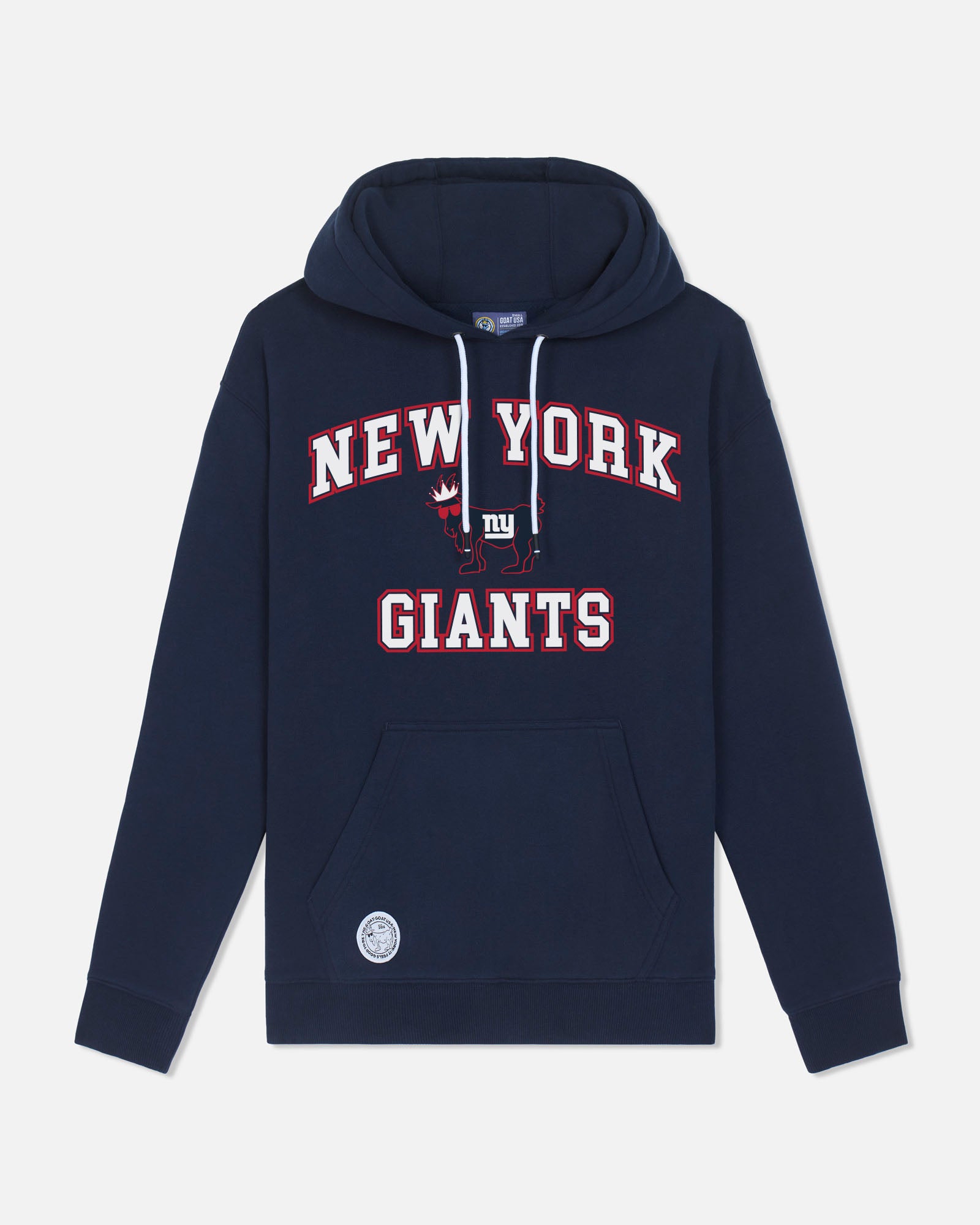 A navy blue pullover hoodie featuring 'NEW YORK GIANTS' printed in white varsity-style letters with red outlines on the chest, accompanied by the team's logo. The hoodie includes white drawstrings and a front kangaroo pocket, shown against a light gray background.