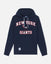 A navy blue pullover hoodie featuring 'NEW YORK GIANTS' printed in white varsity-style letters with red outlines on the chest, accompanied by the team's logo. The hoodie includes white drawstrings and a front kangaroo pocket, shown against a light gray background.