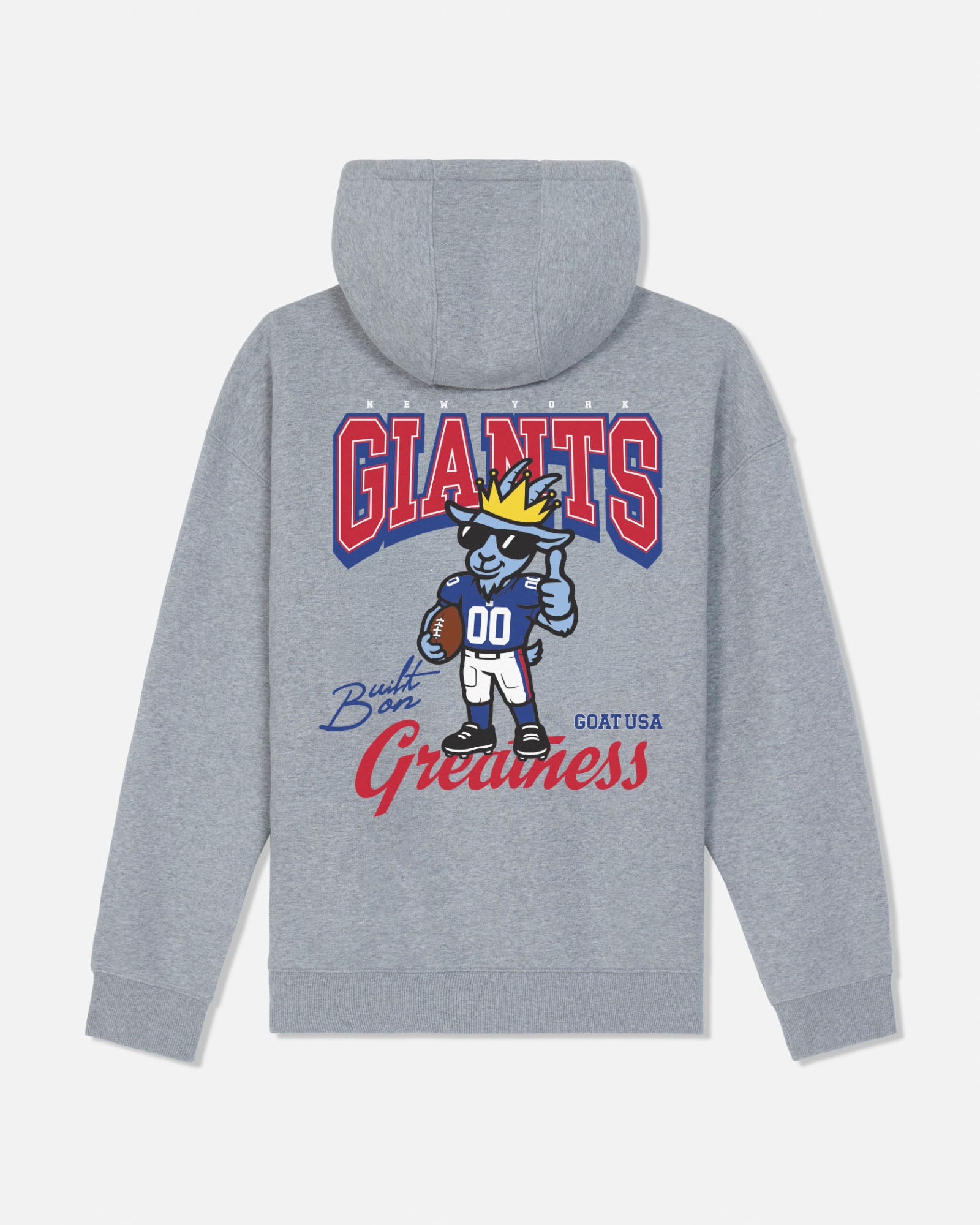 A heather gray hoodie shown from the back, featuring a large graphic print with the word 'GIANTS' in red and blue, a cartoon football player mascot, and the text 'Built on Greatness' and 'GOAT USA'.